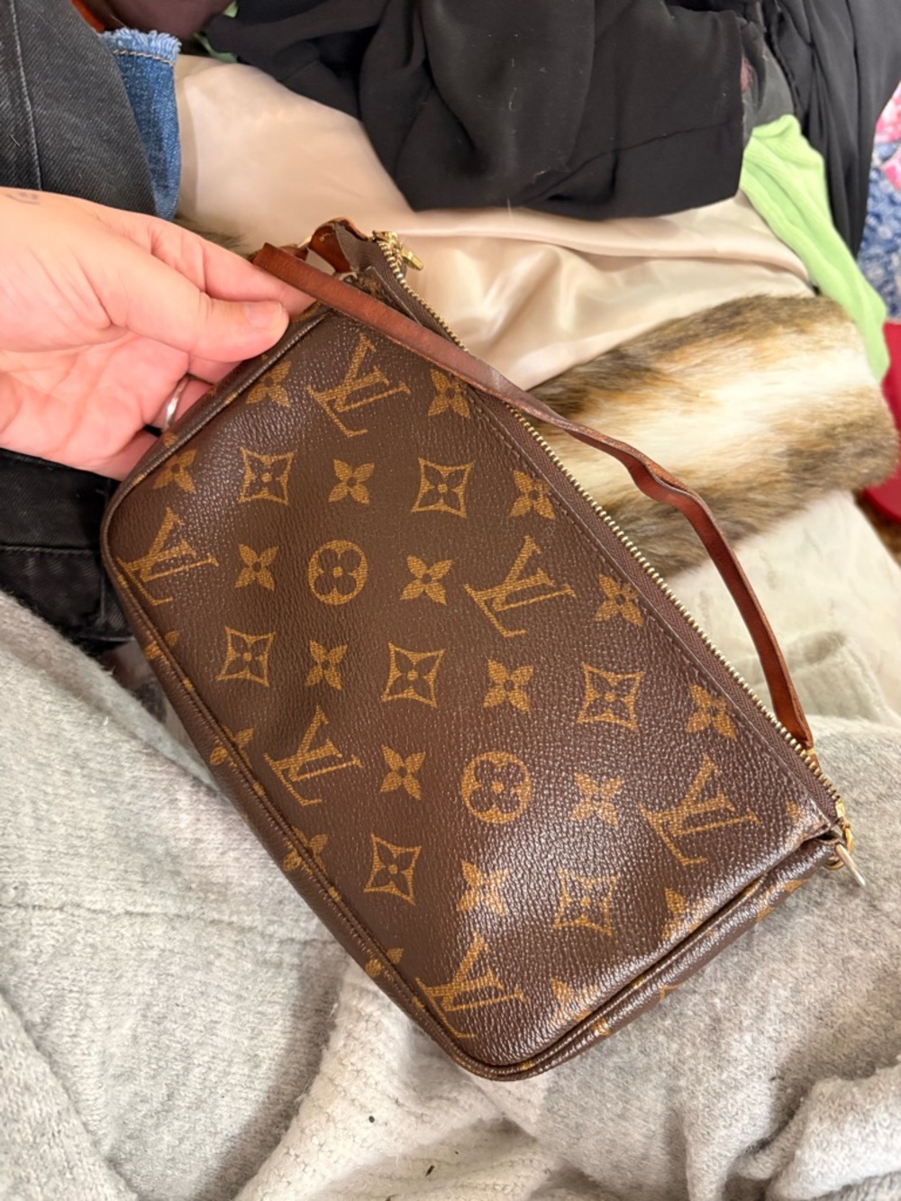 Louis Vuitton Brown Monogram Canvas Wristlet with Gold Hardware